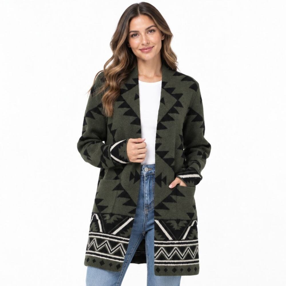 Frye The Cozy Cardigan Women L Olive Green Black Aztec Southwestern NWT
